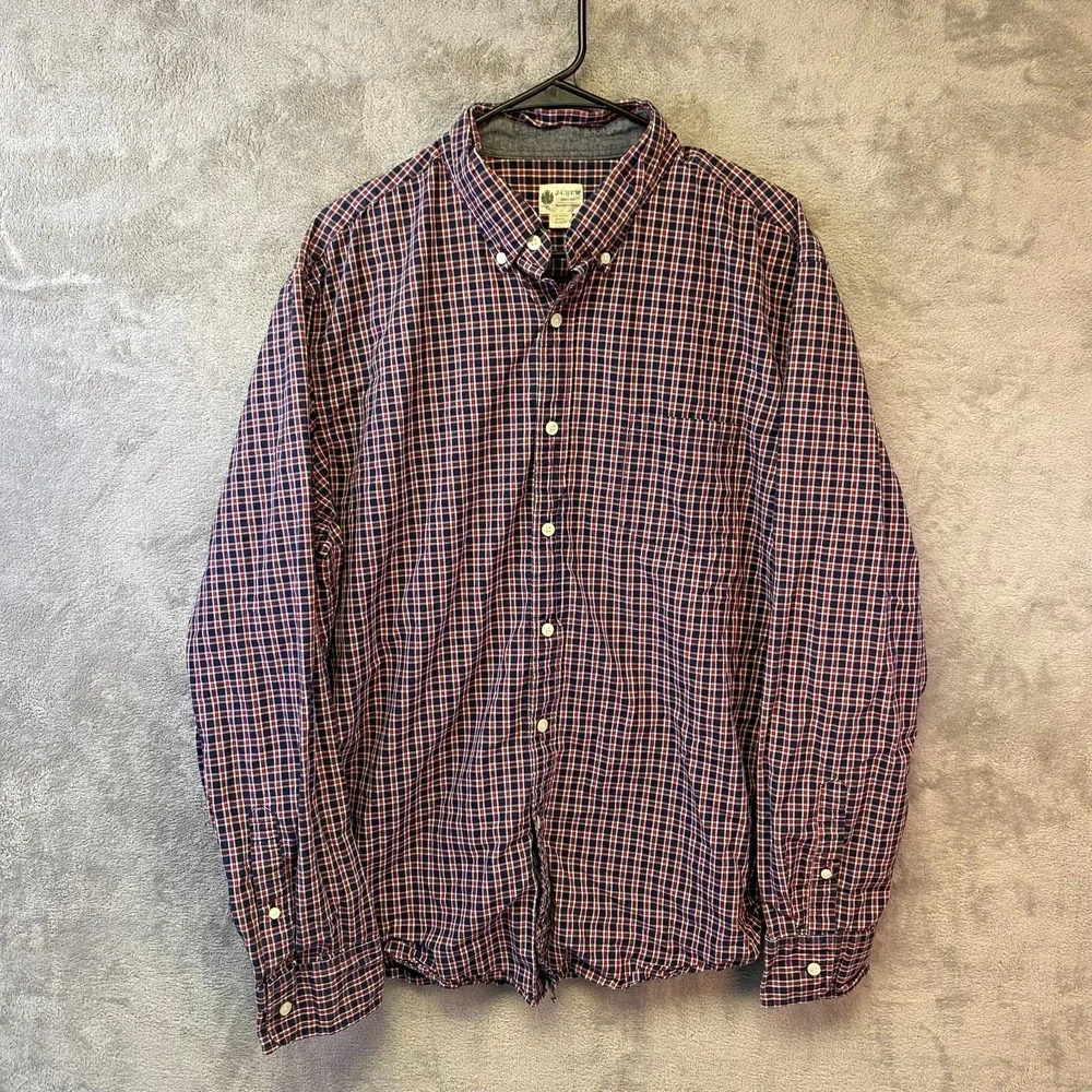 J.Crew Shirtings Washed Tartan Shirt Mens XL Red Blue Plaid Button Front Cotton